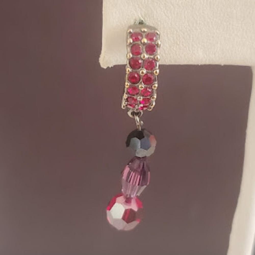 Swarovski‎ Red Pave Crystal J-Hoop Earrings with Purple Beaded Drops Silver Tone